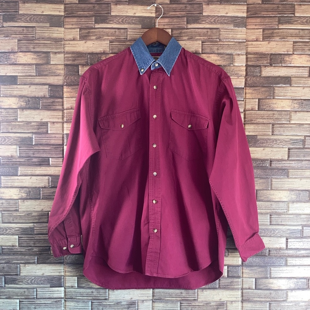 Mens Vintage 90’s Texas Authentic Dry Goods Small Burgundy & Denim Button Down